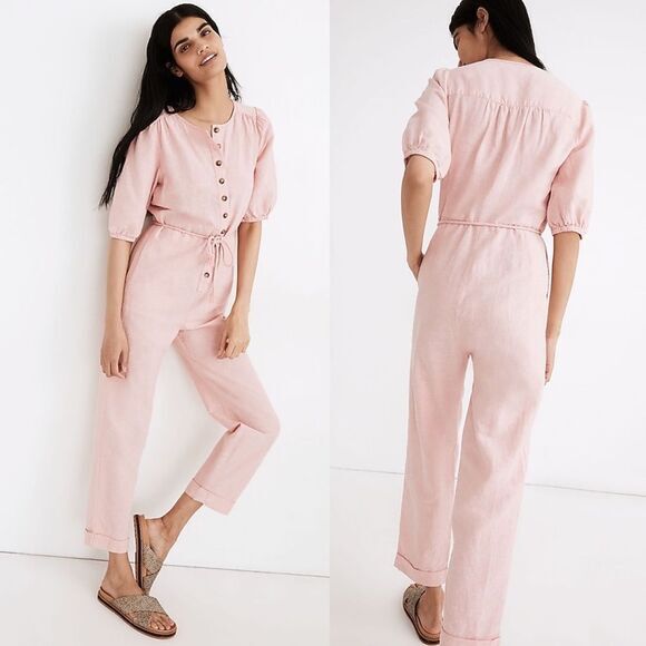 Madewell Linen-Blend‎ Jumpsuit XS Puff-Sleeve Tassel-Tie Pink NWT - Picture 1 of 10